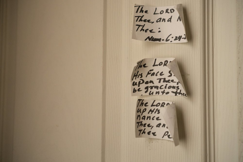 Scripture on the front door of Janel’s parents’ house in Brooklyn where she’s currently living.